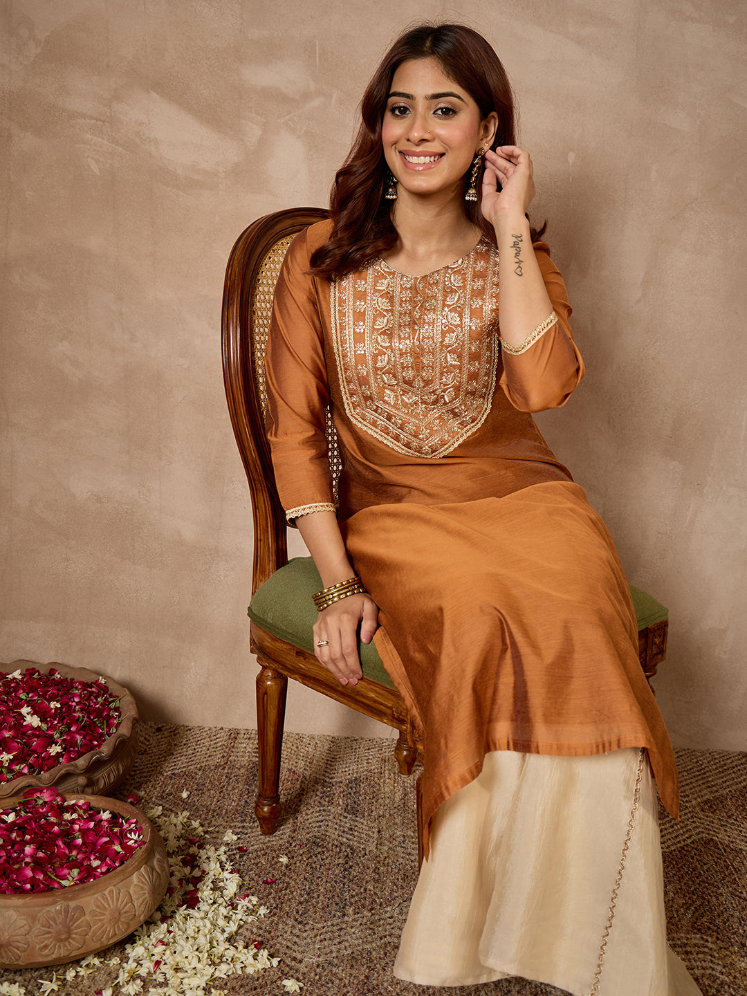Janasya Women's Mustard Silk Blend Yoke Embroidered Straight Kurta