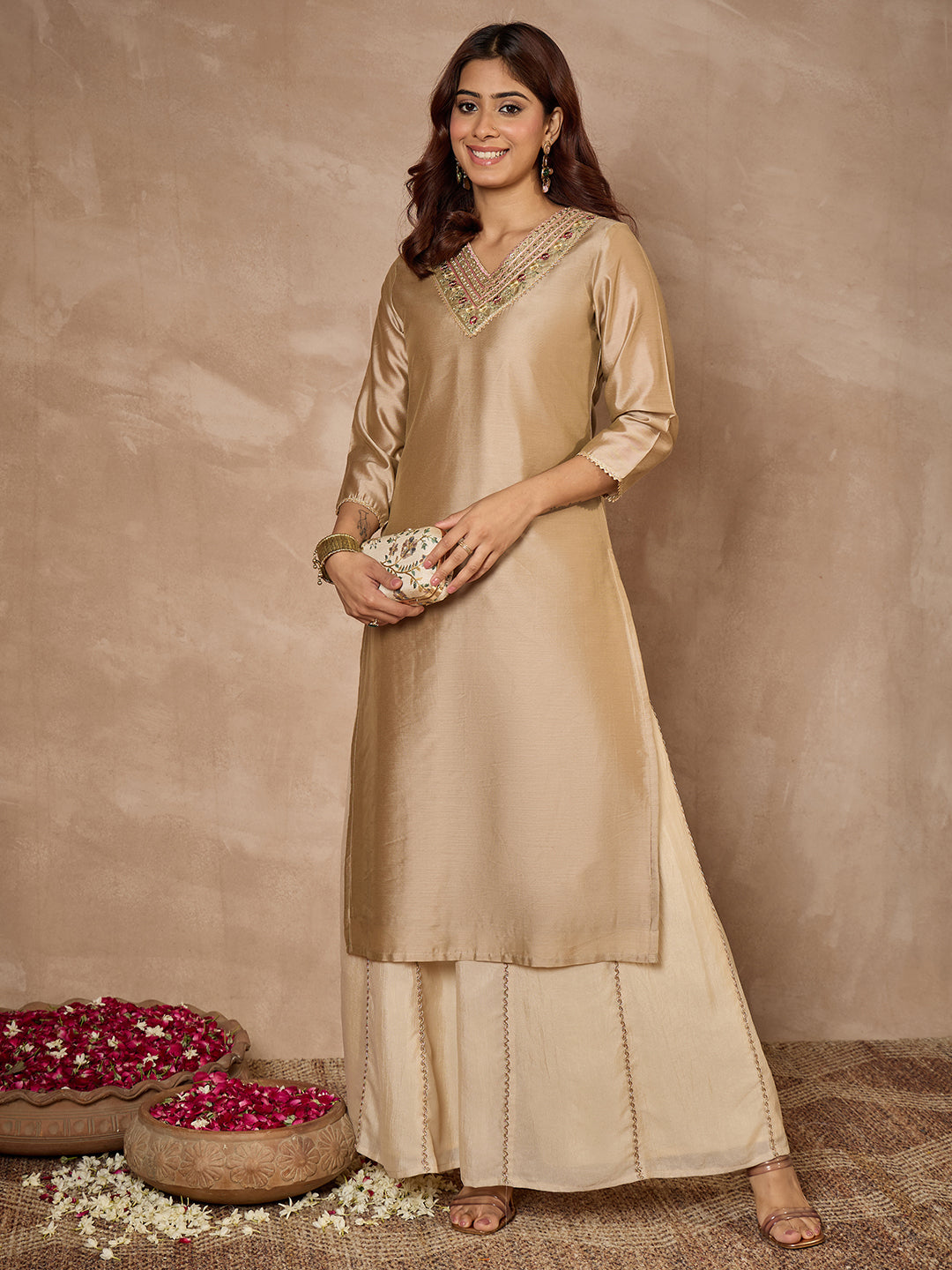 Janasya Women's Beige Chanderi Silk Yoke Embroidered Straight Kurta