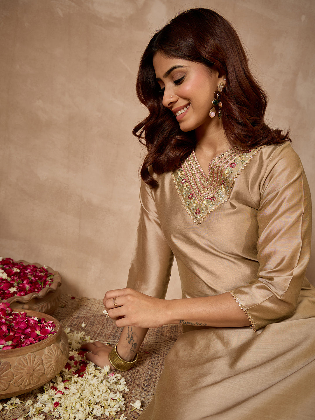 Janasya Women's Beige Chanderi Silk Yoke Embroidered Straight Kurta
