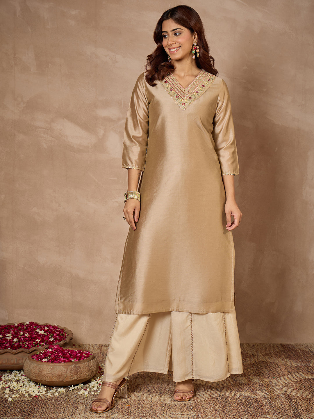 Janasya Women's Beige Chanderi Silk Yoke Embroidered Straight Kurta