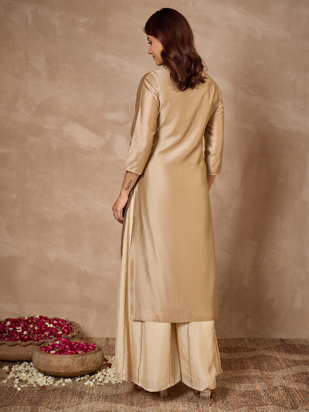 Janasya Women's Beige Chanderi Silk Yoke Embroidered Straight Kurta
