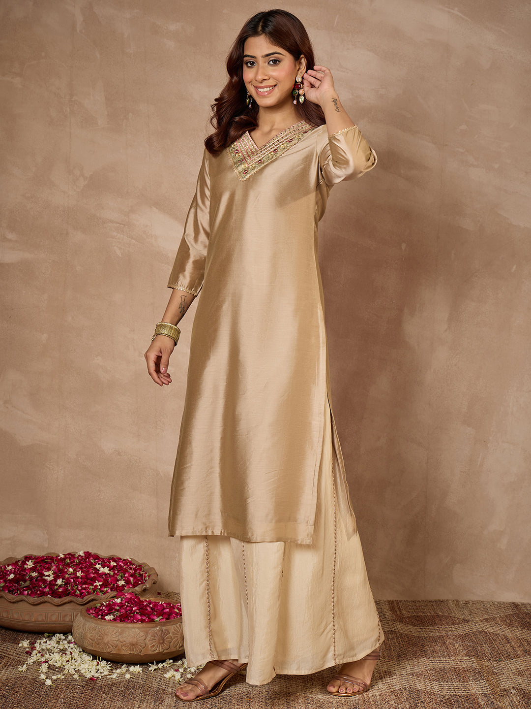 Janasya Women's Beige Chanderi Silk Yoke Embroidered Straight Kurta