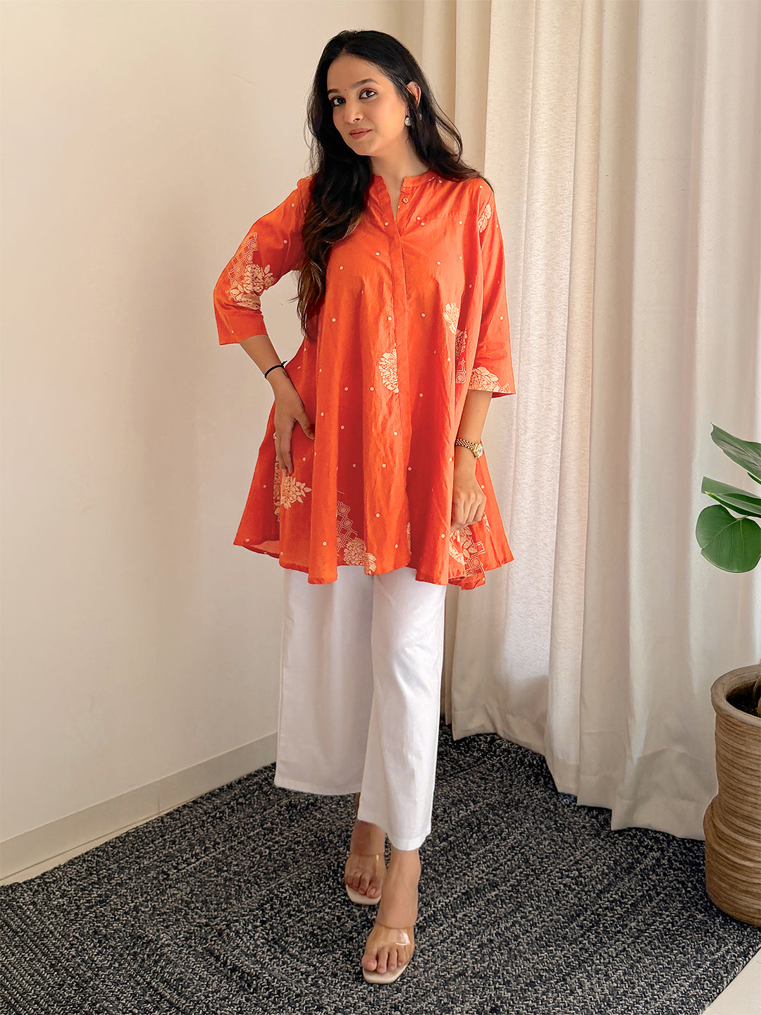 Orange Cotton Floral Printed Flared Tunic