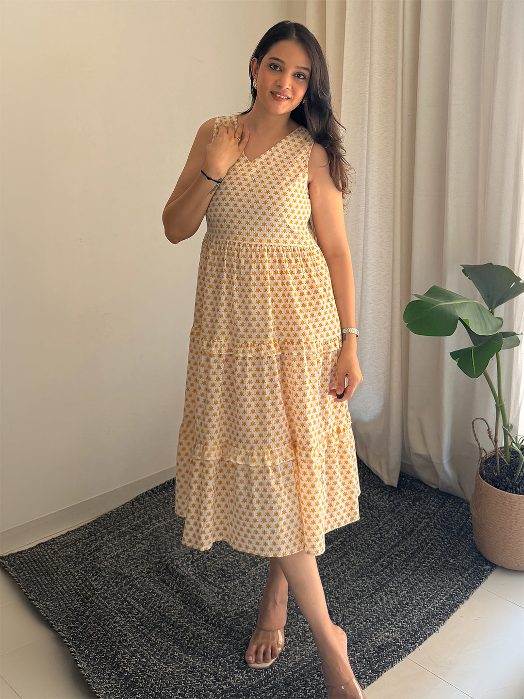 Janasya Women's Yellow Pure Cotton Floral Printed Tiered Dress