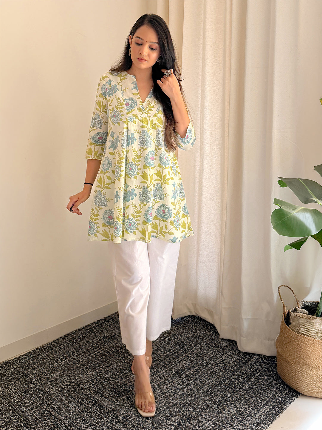Plus Size Off White Pure Cotton Floral Printed A-line Tunic