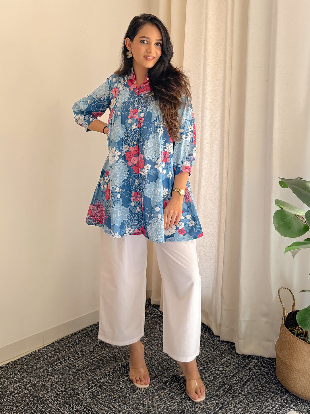 Plus Size Blue Pure Cotton Floral Printed A-line Tunic