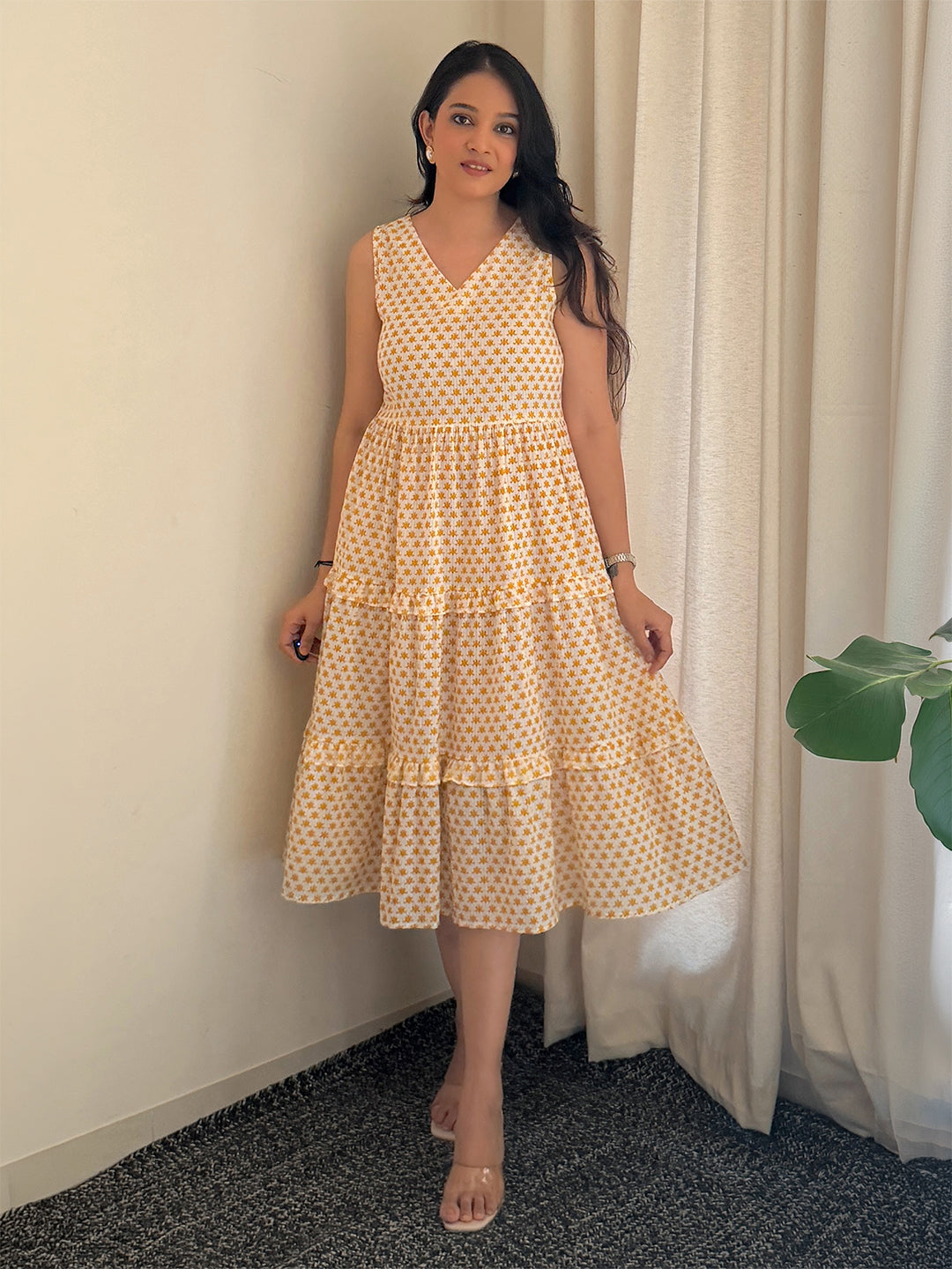 Janasya Women's Yellow Pure Cotton Floral Printed Tiered Dress