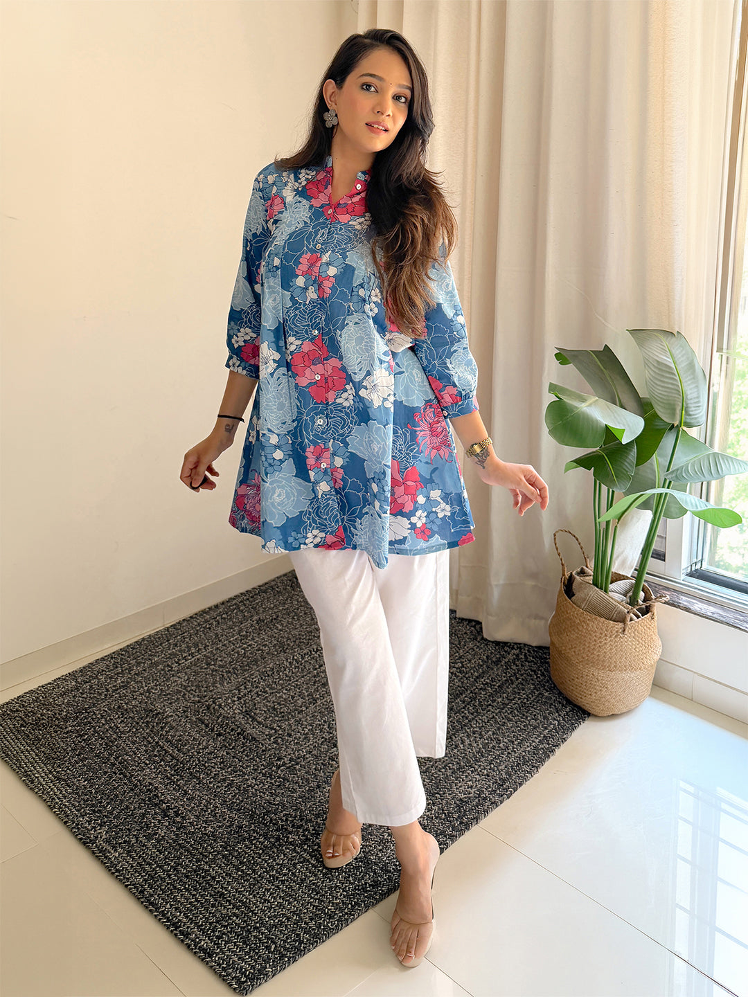 Plus Size Blue Pure Cotton Floral Printed A-line Tunic