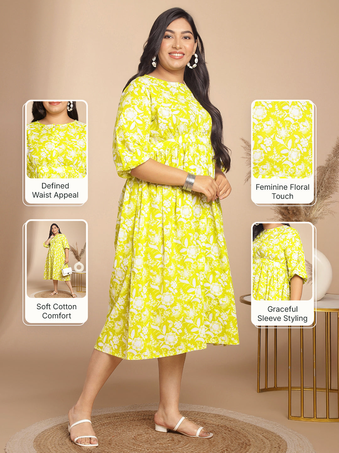 Plus Size Lime Cotton Floral Gathered Dress