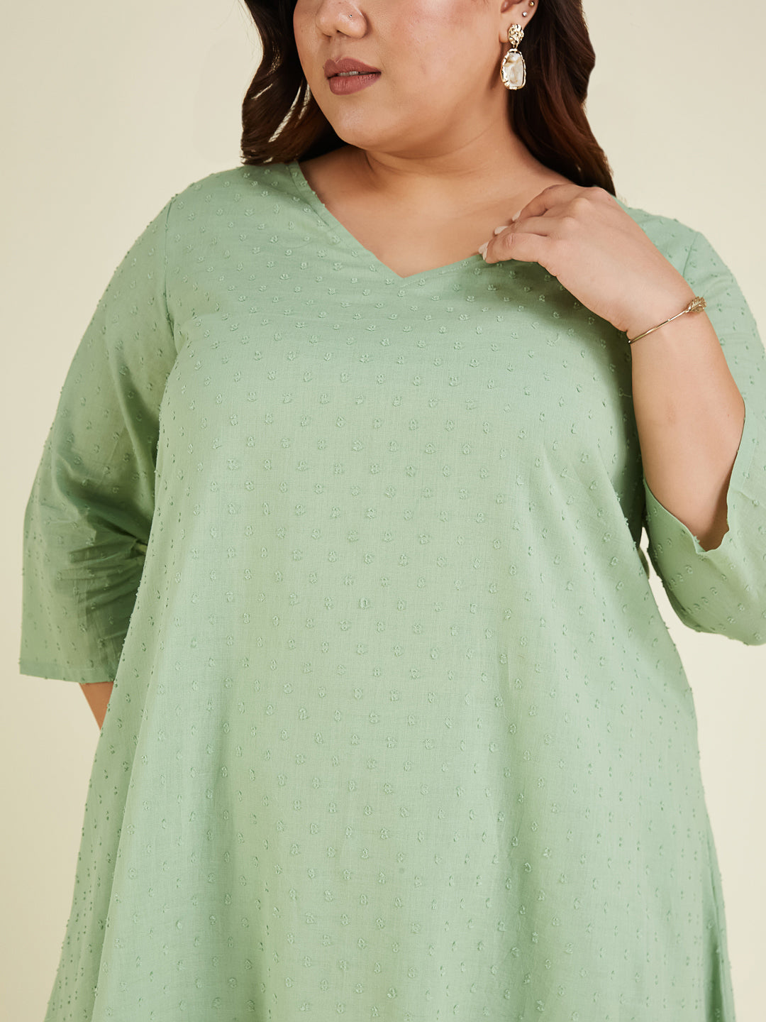 Janasya Women's Plus Size Green Dobby Pure Cotton Solid A-line Kurta Set