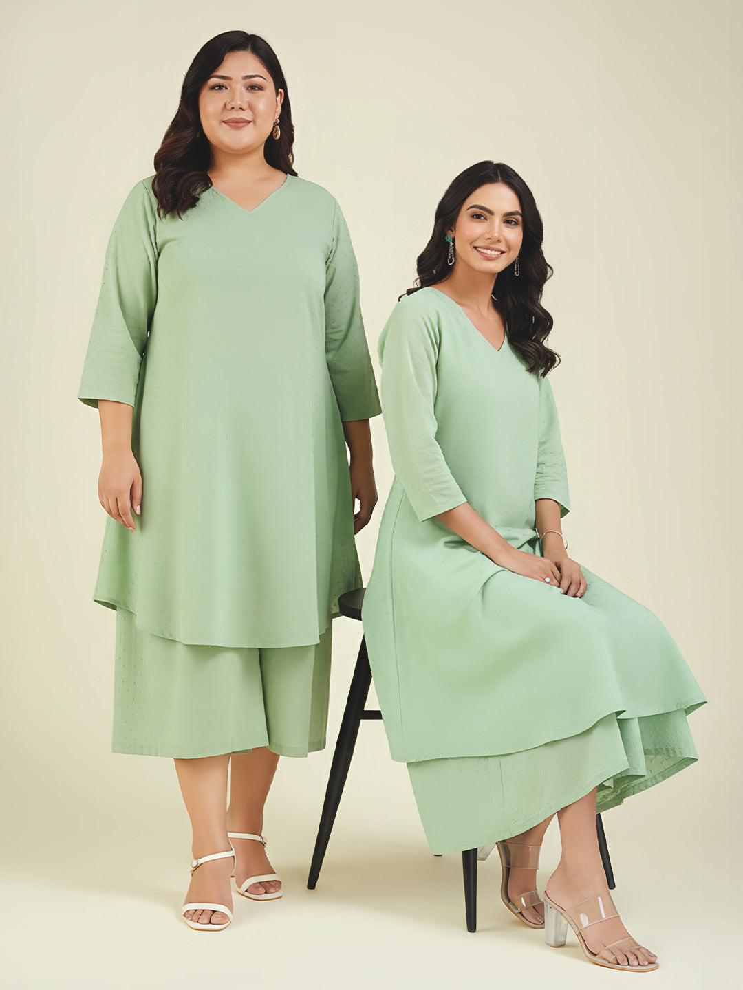 Janasya Women's Plus Size Green Dobby Pure Cotton Solid A-line Kurta Set