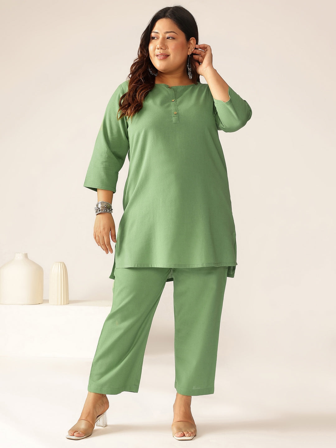 Plus Size Green Cotton Solid A-line Co-ord Set
