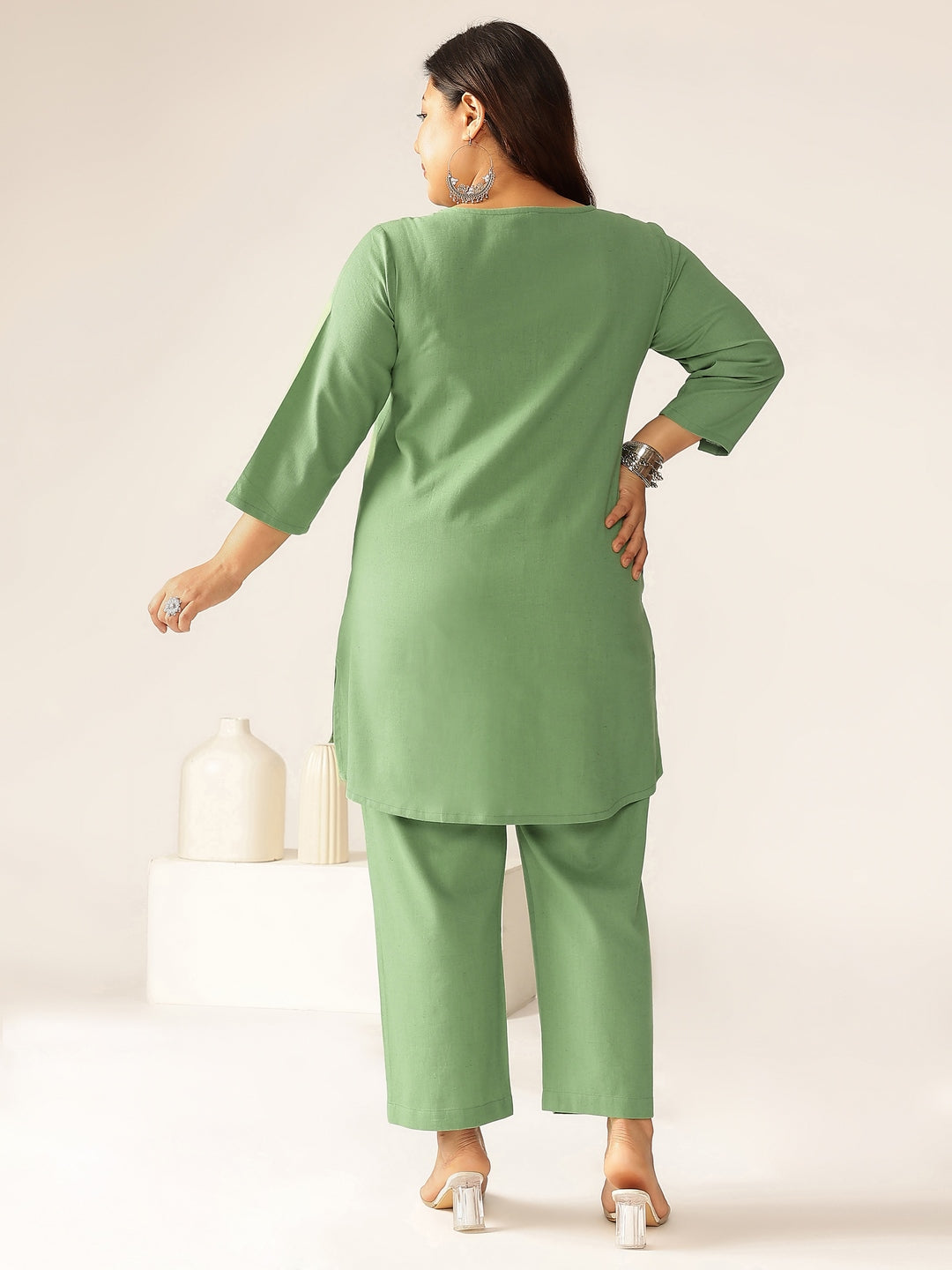 Plus Size Green Cotton Solid A-line Co-ord Set