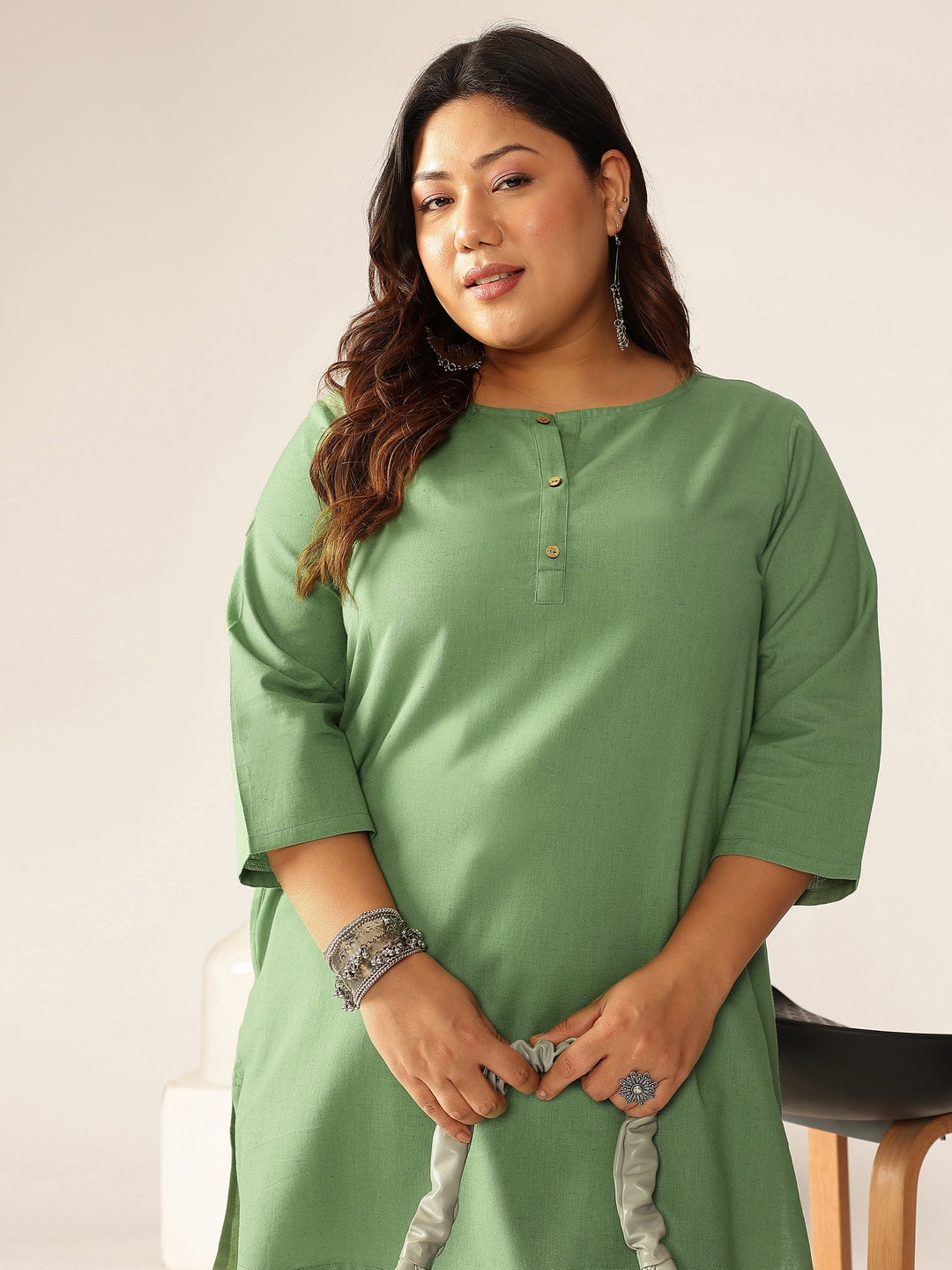 Plus Size Green Cotton Solid A-line Co-ord Set