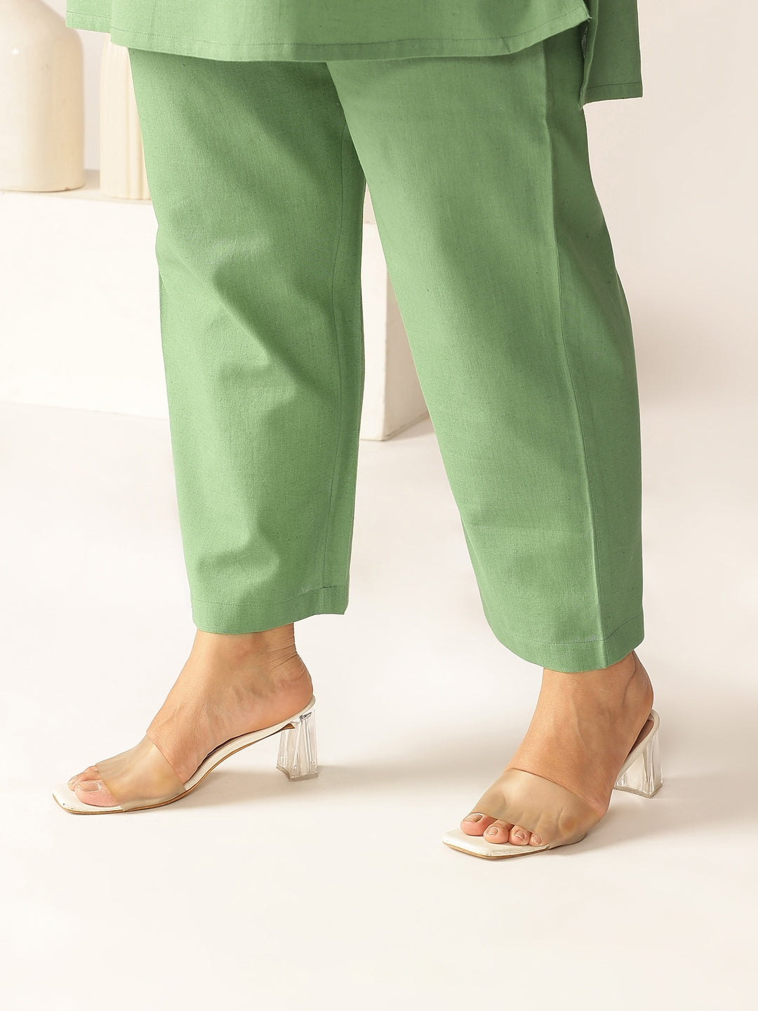 Plus Size Green Cotton Solid A-line Co-ord Set