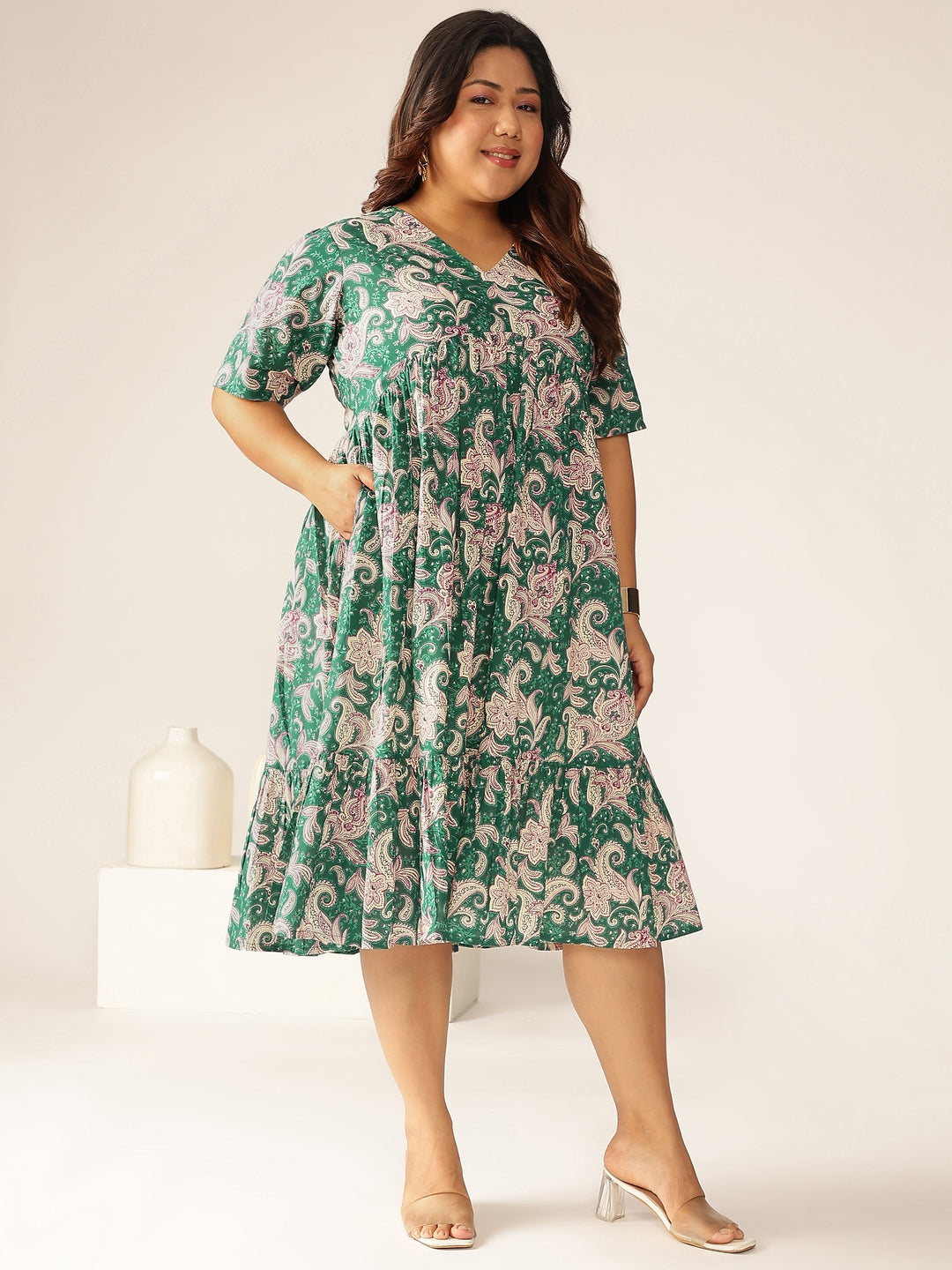 Plus Size Green Pure Cotton Floral Printed Tiered Dress