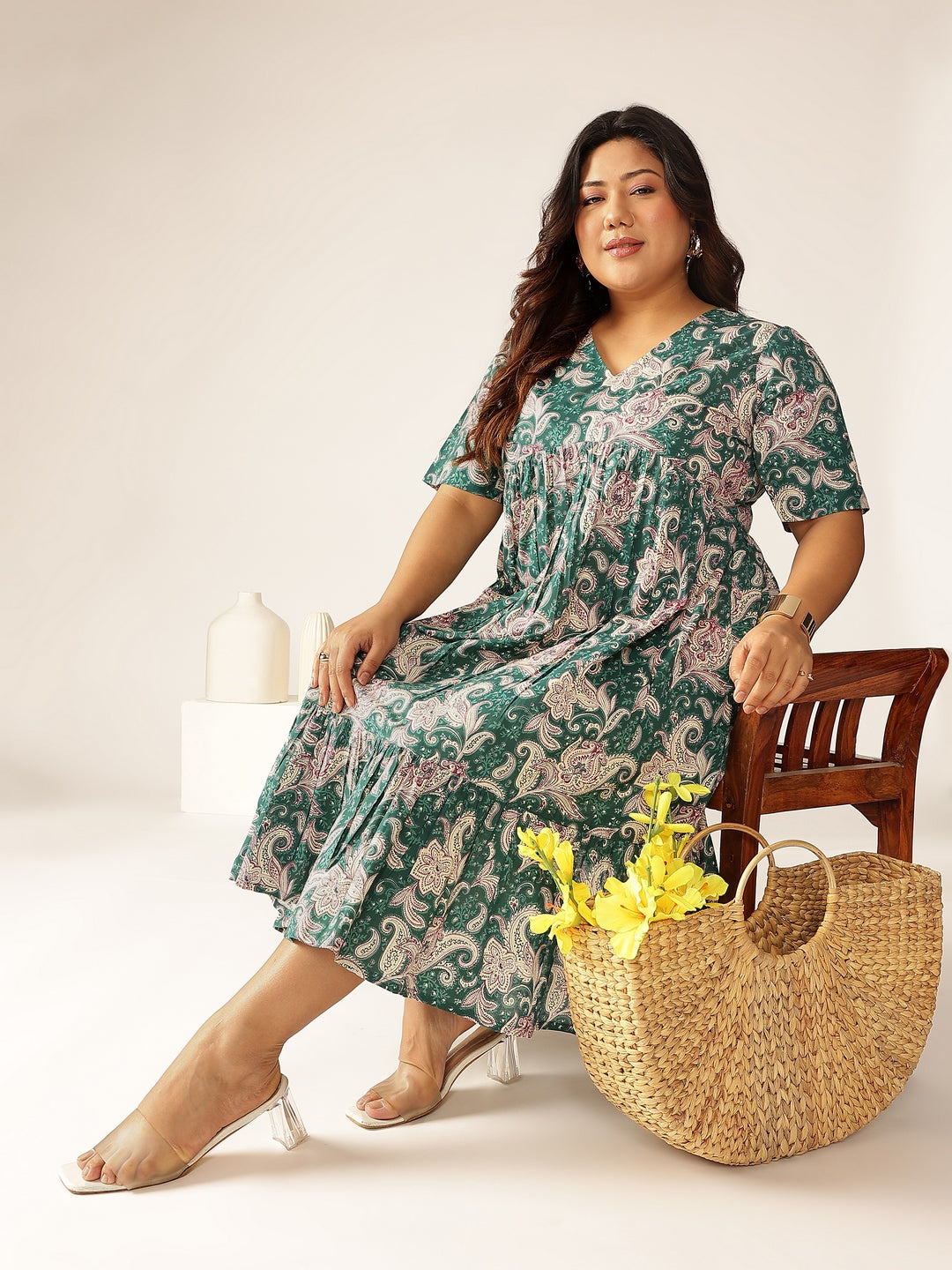 Plus Size Green Pure Cotton Floral Printed Tiered Dress