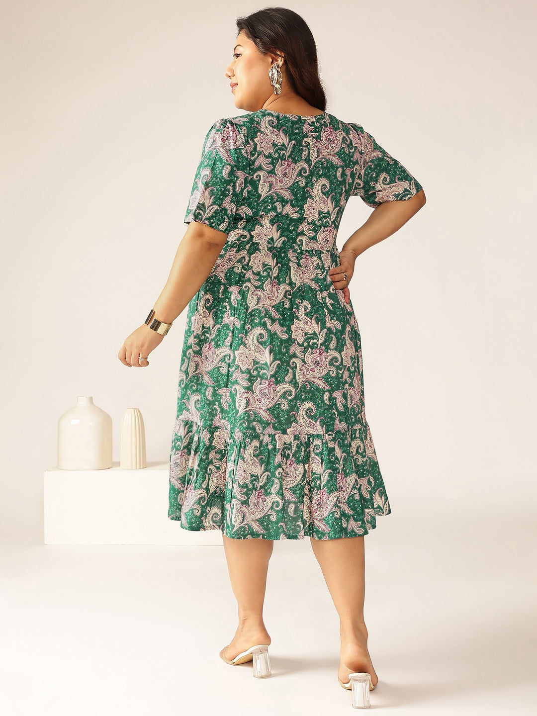 Plus Size Green Pure Cotton Floral Printed Tiered Dress