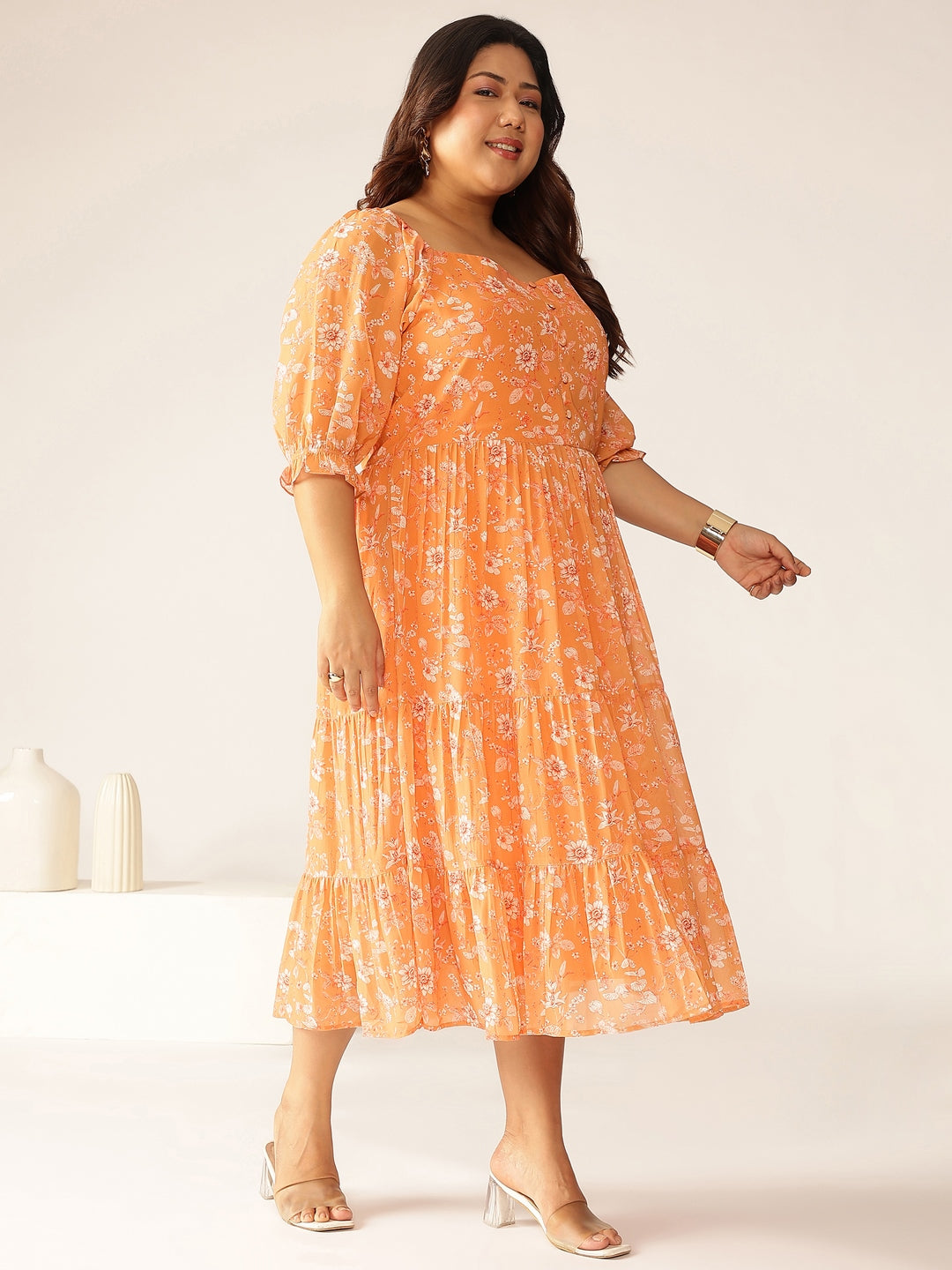 Plus Size Orange Georgette Floral Printed Tiered Dress