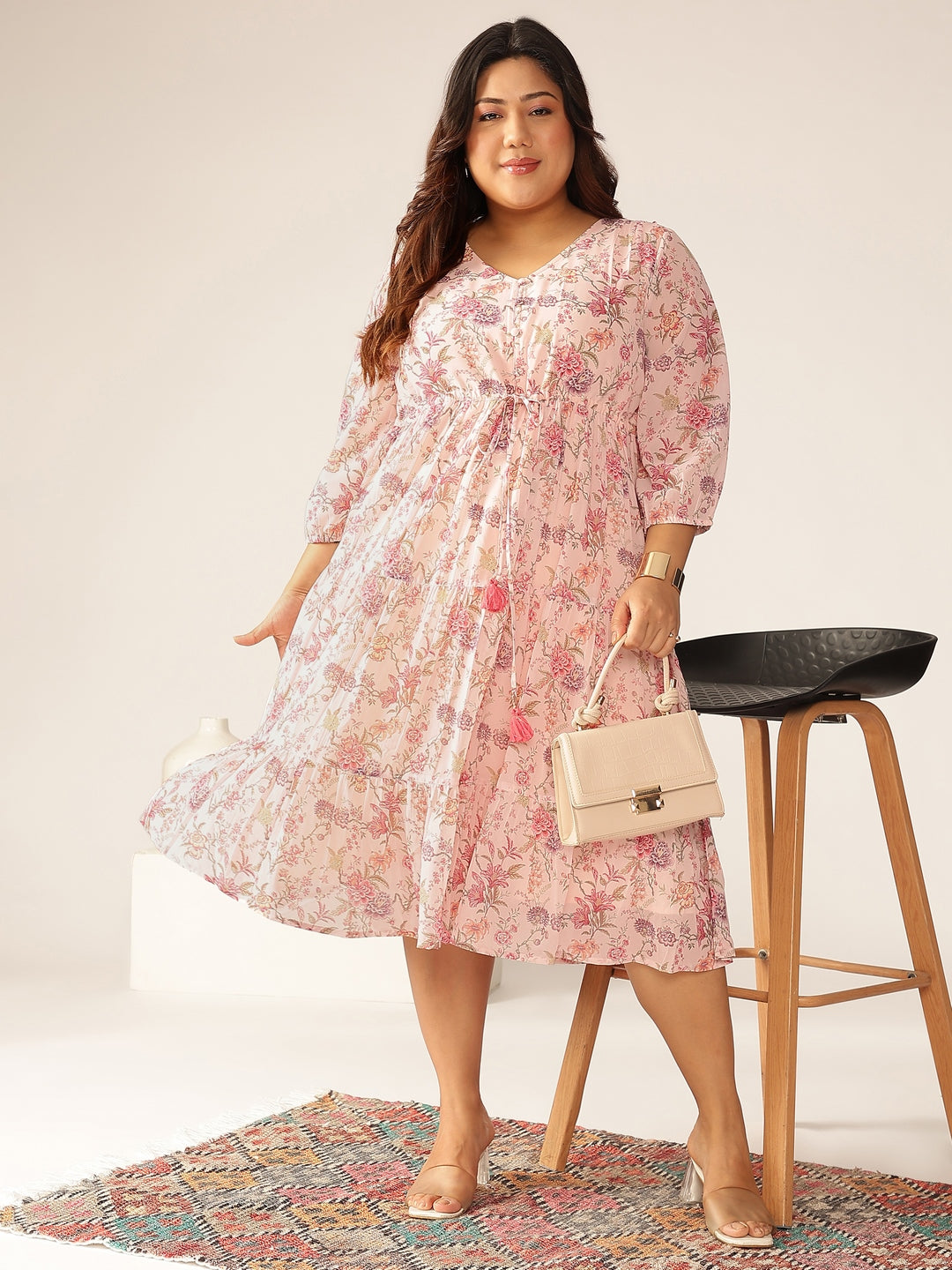 Plus Size Pink Georgette Floral Printed Tiered Dress