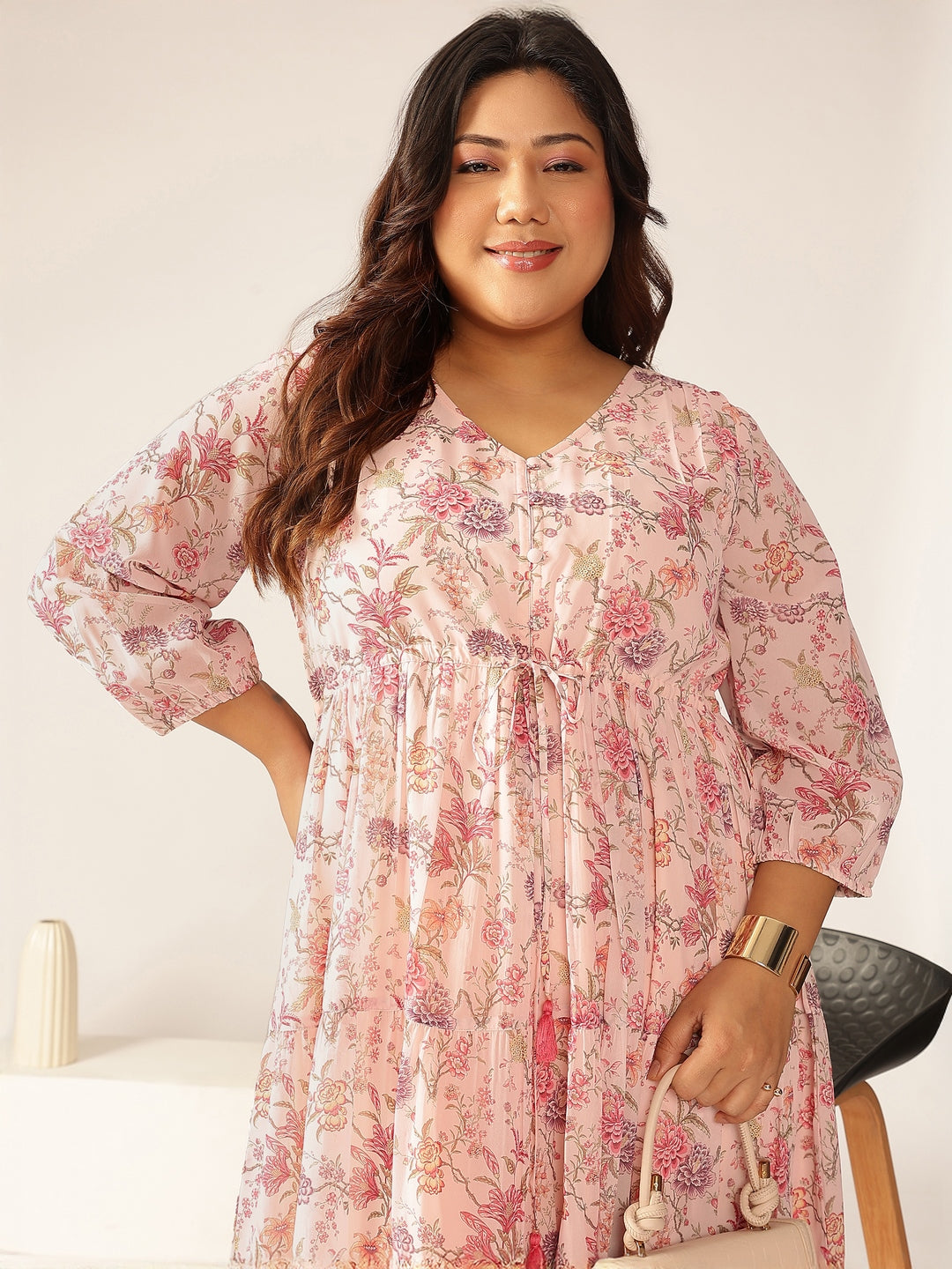 Plus Size Pink Georgette Floral Printed Tiered Dress