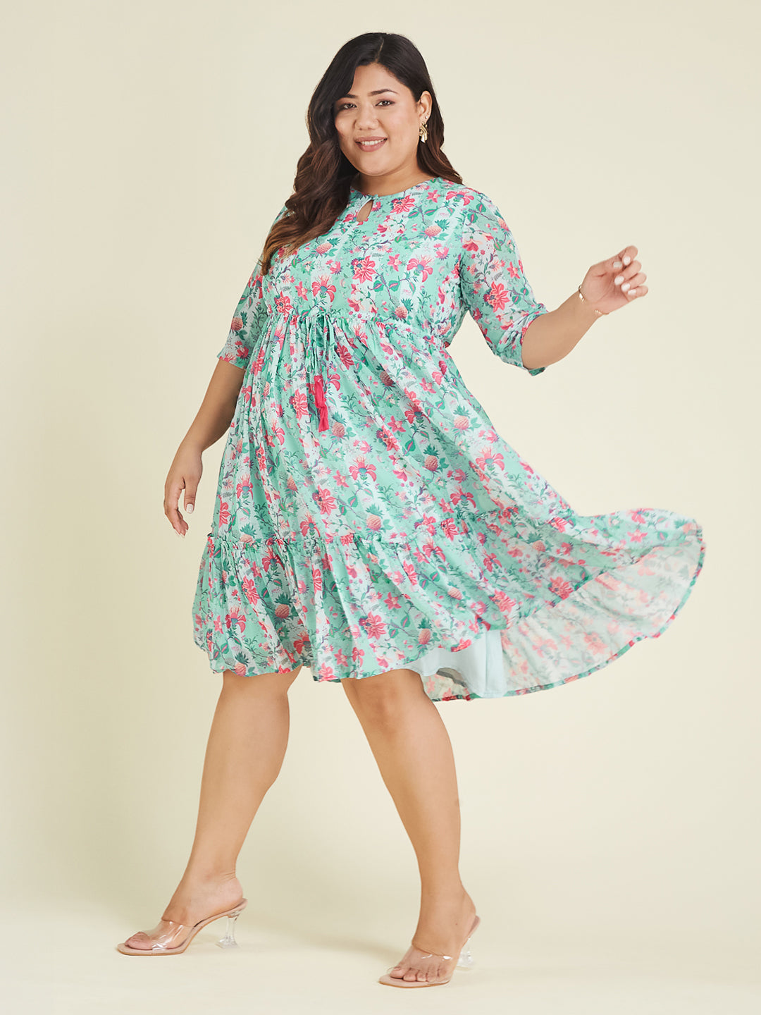 Janasya Women's Plus Size Aqua Georgette Floral Printed Fit & Flare Dress