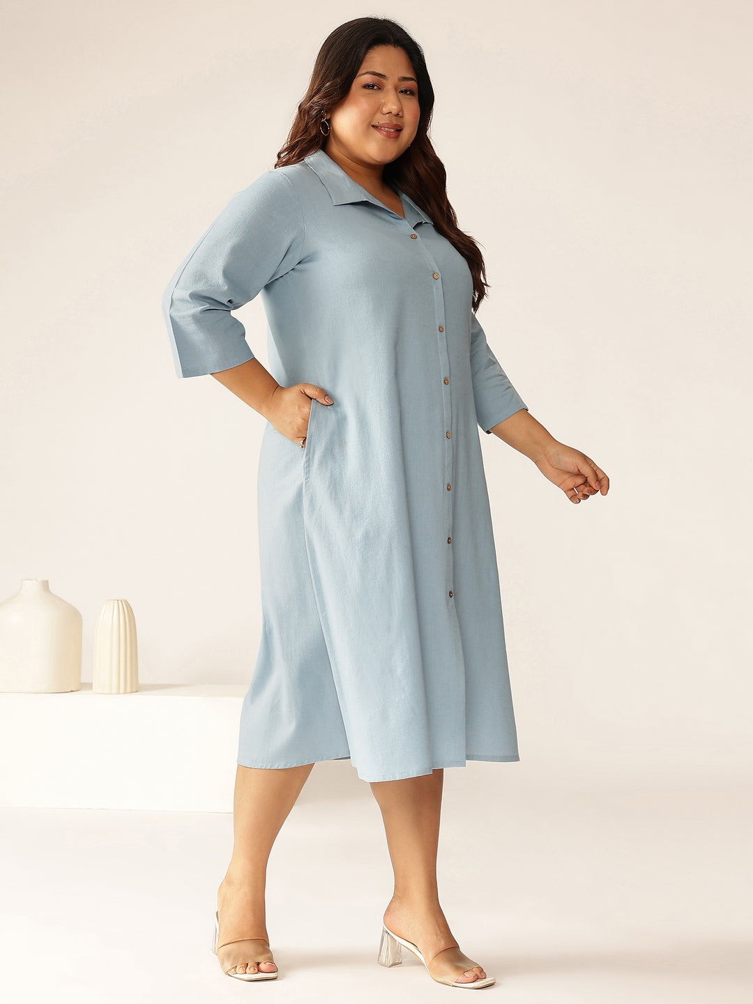 Plus Size Light Blue Cotton Solid Button Down Shirt Style A-line Dress