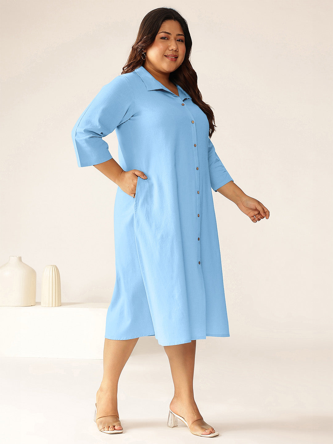 Plus Size Light Blue Cotton Solid Button Down Shirt Style A-line Dress