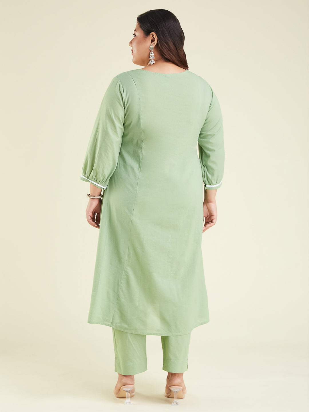 Janasya Women's Light Green Pure Cotton Embroidered A-line Kurta Set