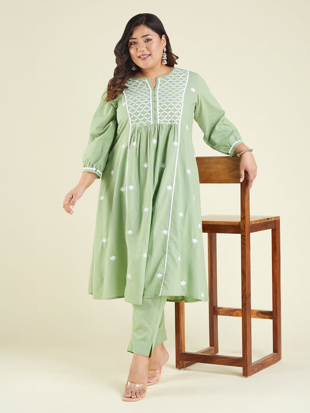Janasya Women's Light Green Pure Cotton Embroidered A-line Kurta Set