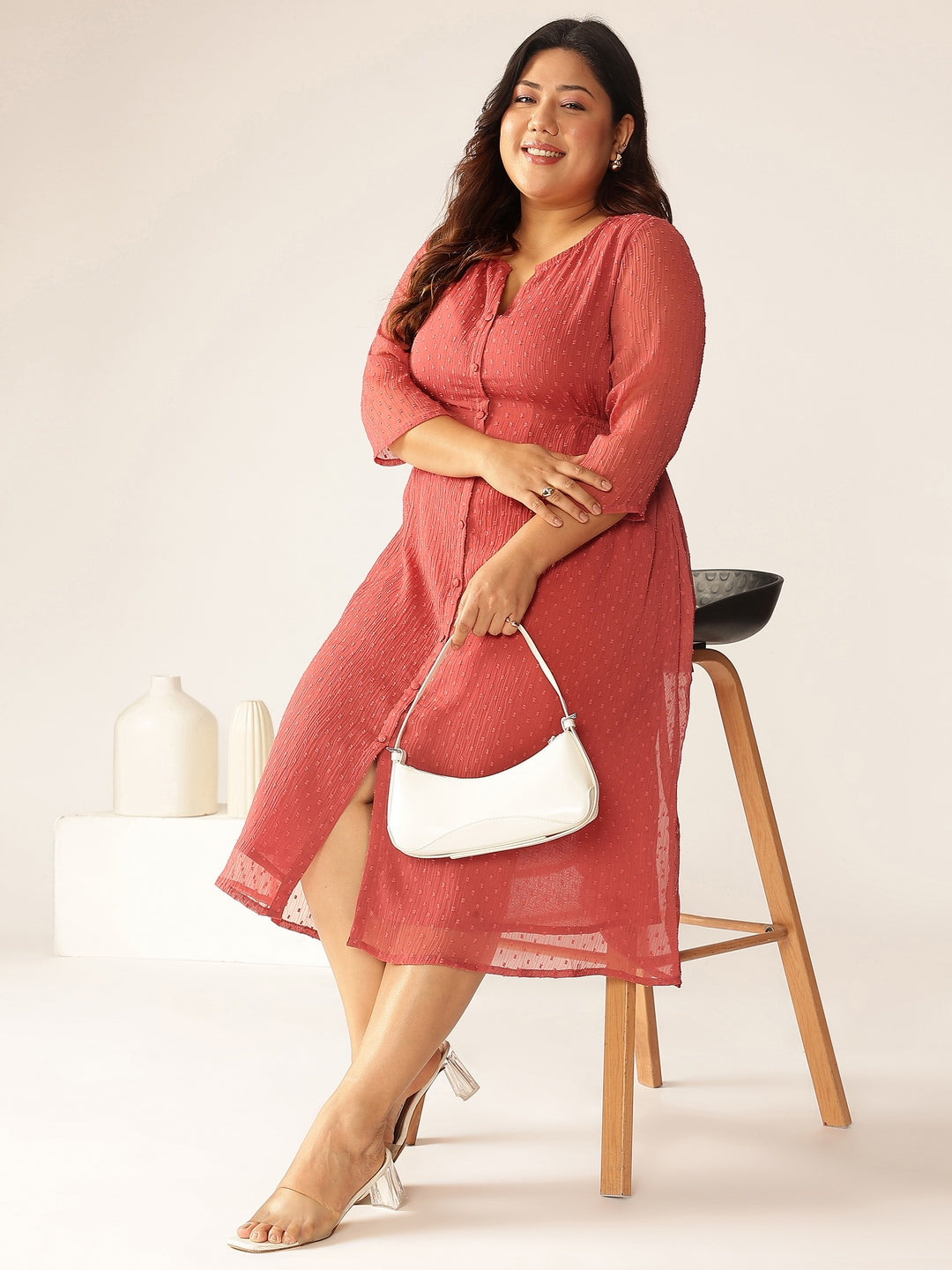 Janasya Women's Plus Size Mauve Dobby Chiffon Self Design A-line Kurta