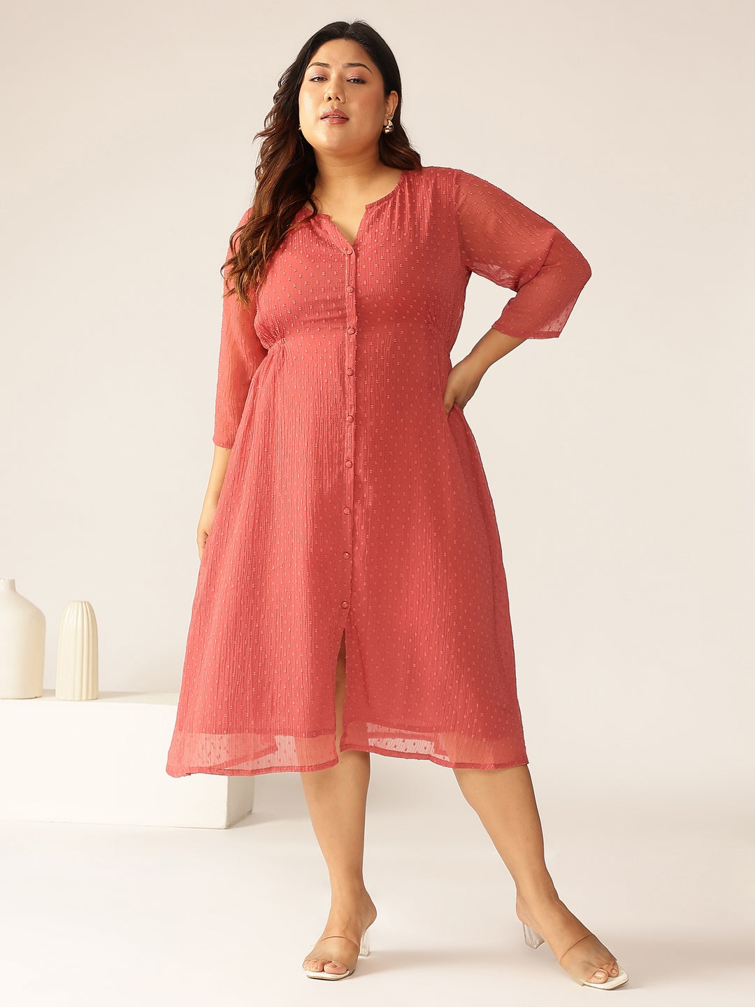 Janasya Women's Plus Size Mauve Dobby Chiffon Self Design A-line Kurta