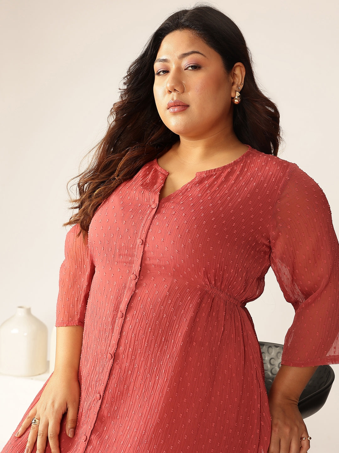 Janasya Women's Plus Size Mauve Dobby Chiffon Self Design A-line Kurta
