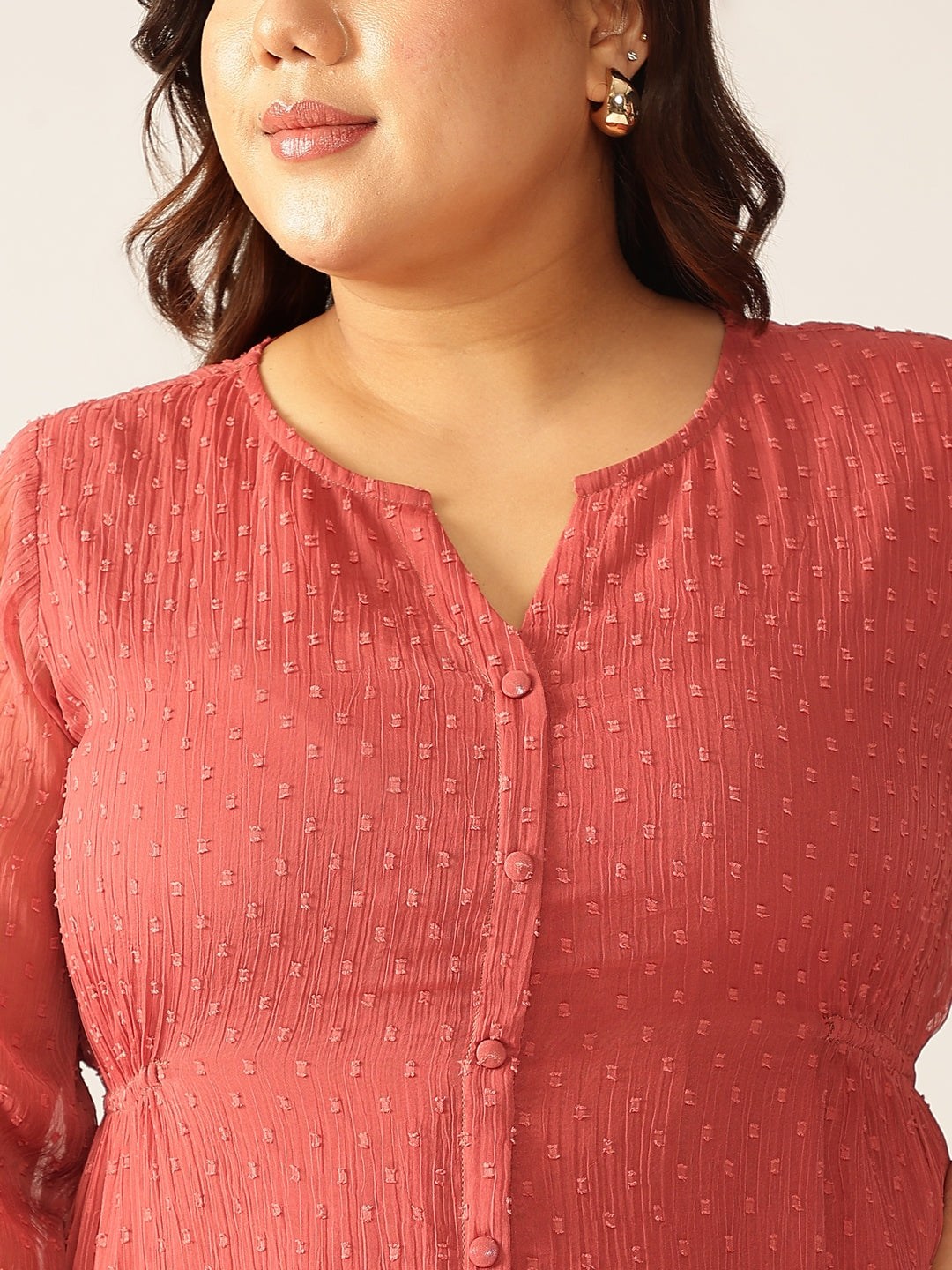 Janasya Women's Plus Size Mauve Dobby Chiffon Self Design A-line Kurta