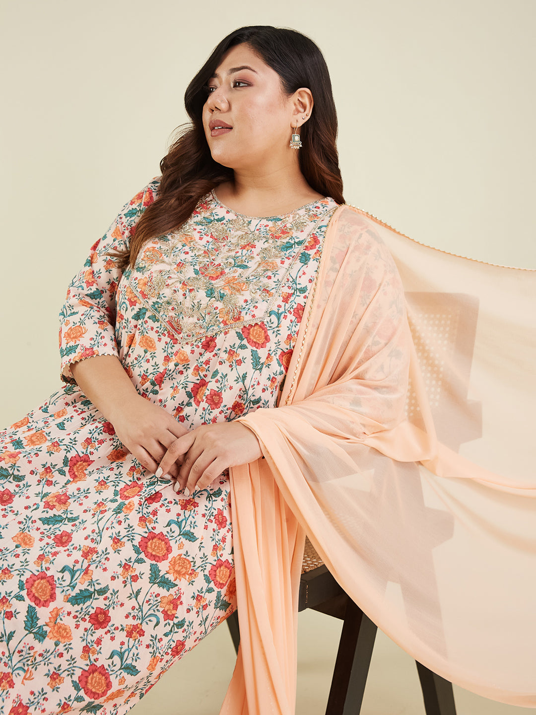 Janasya Women's Plus Size Peach Pure Cotton Floral Printed Zari Embroidered Anarkali Kurta Set