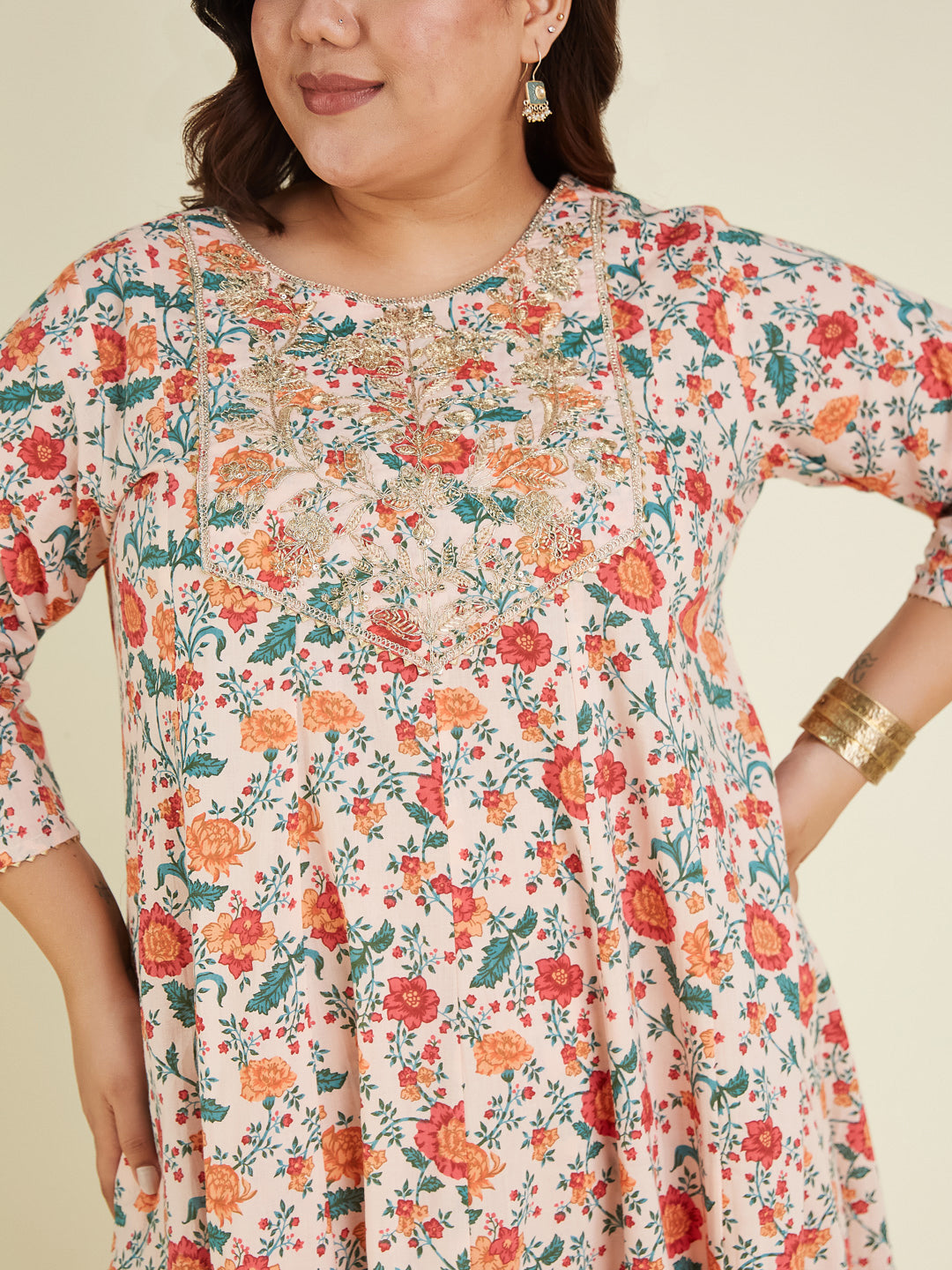 Janasya Women's Plus Size Peach Pure Cotton Floral Printed Zari Embroidered Anarkali Kurta Set