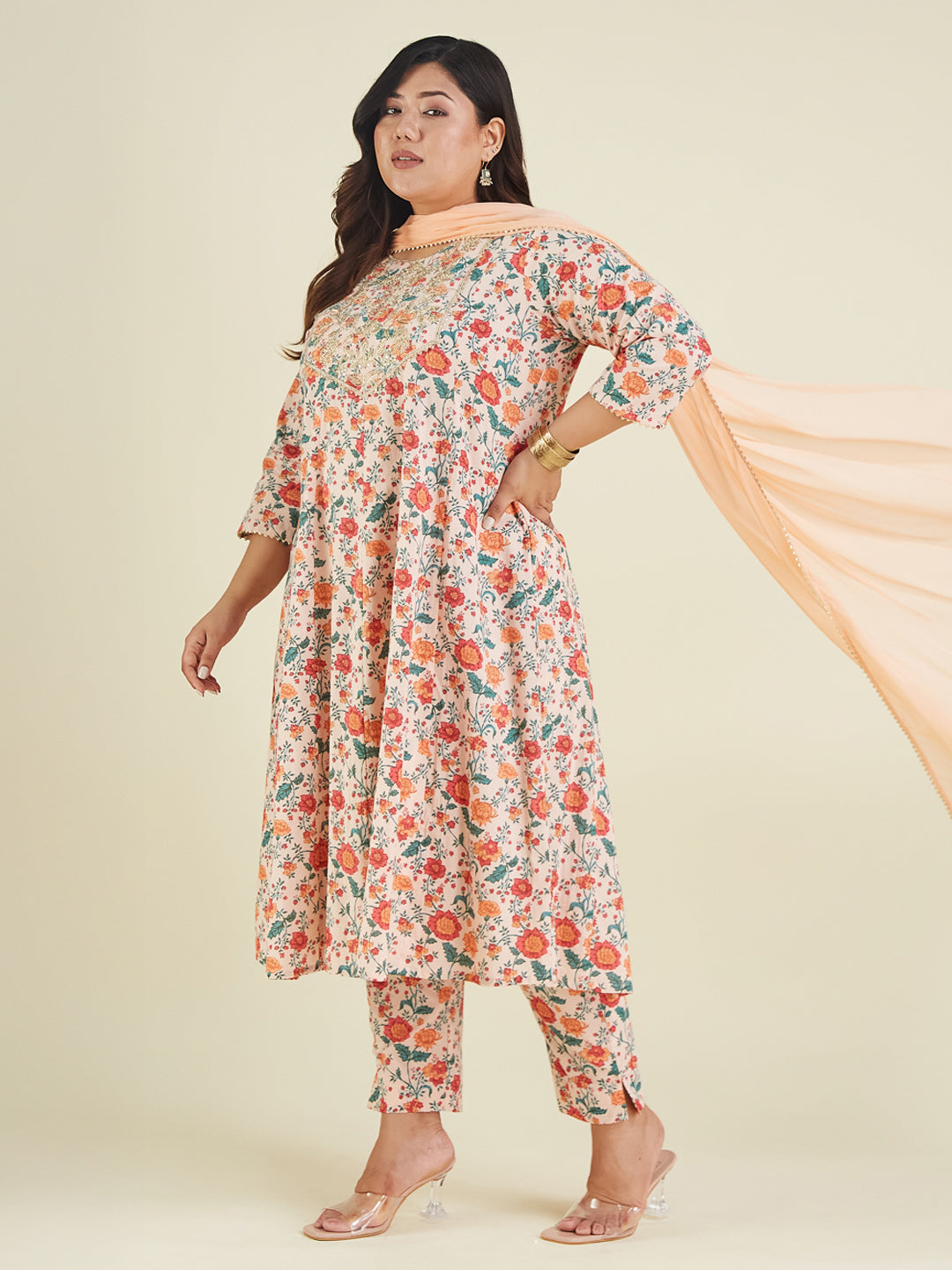 Janasya Women's Plus Size Peach Pure Cotton Floral Printed Zari Embroidered Anarkali Kurta Set