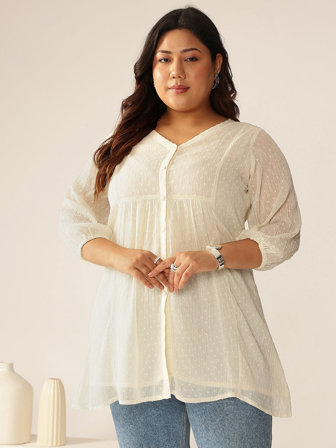 Janasya Women's Plus Size Off White Dobby Chiffon Self Design A-line Tunic