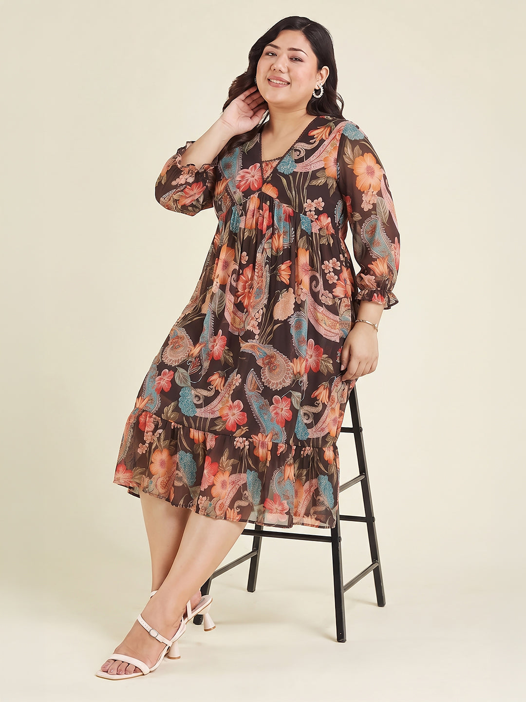 Janasya Women's Plus Size Black Georgette Paisley Printed A-Line Dress