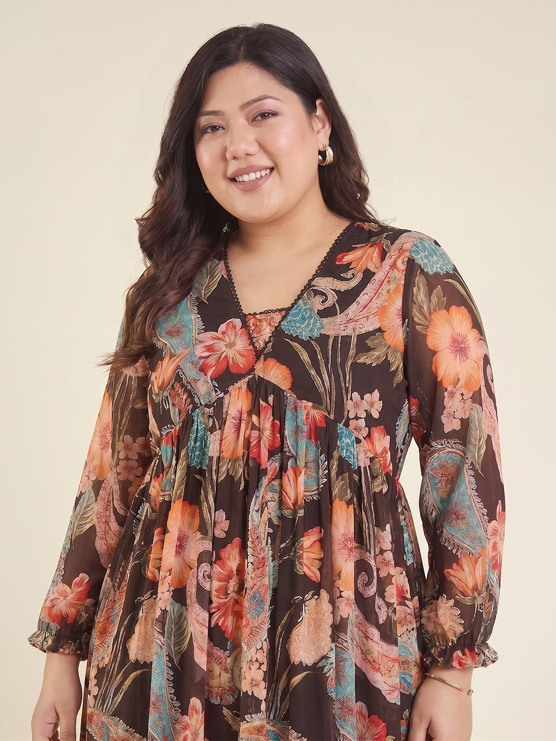 Janasya Women's Plus Size Black Georgette Paisley Printed A-Line Dress