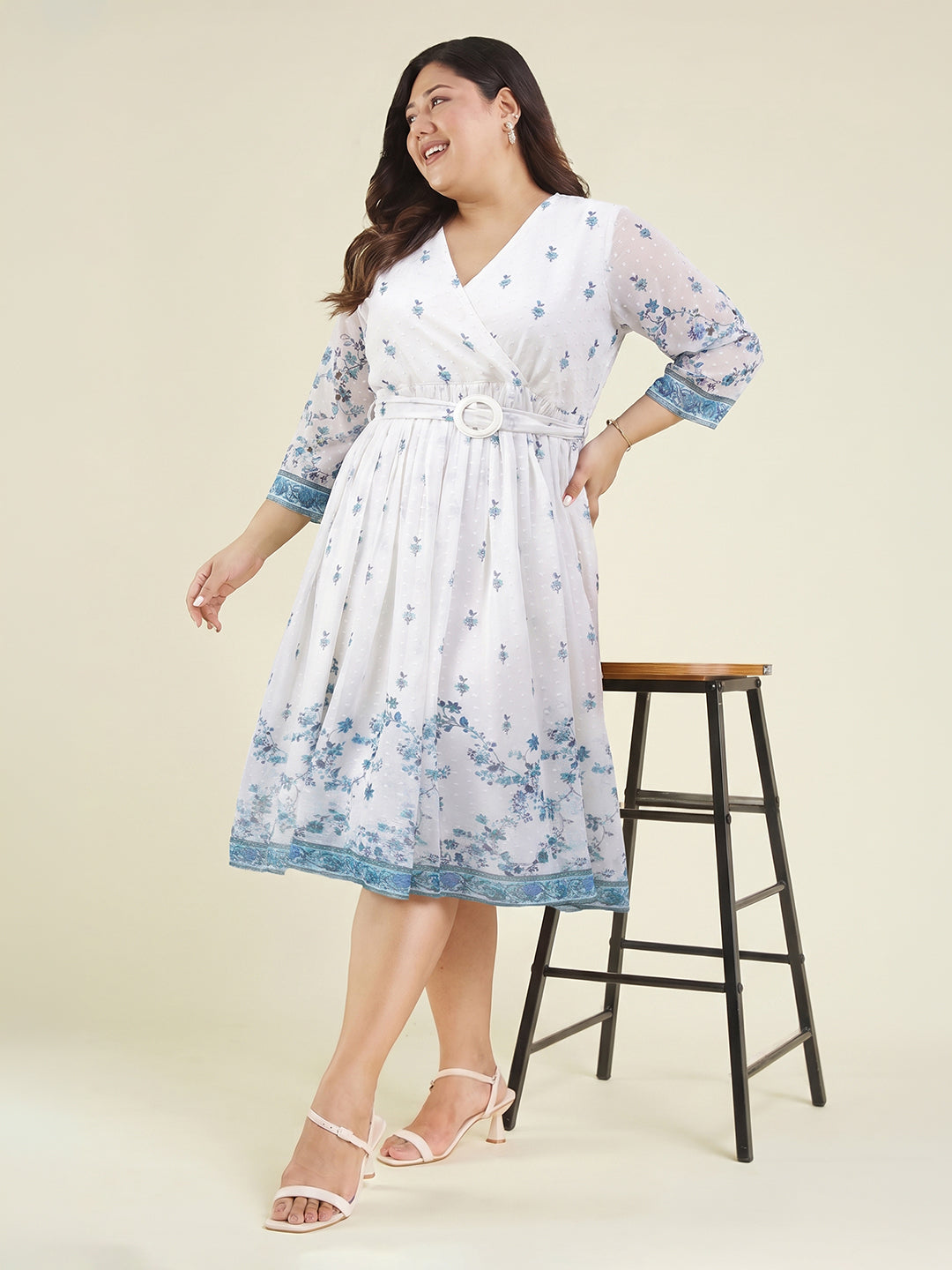 Janasya Women's Plus Size White Dobby Georgette Floral Printed Fit & Flare Dress