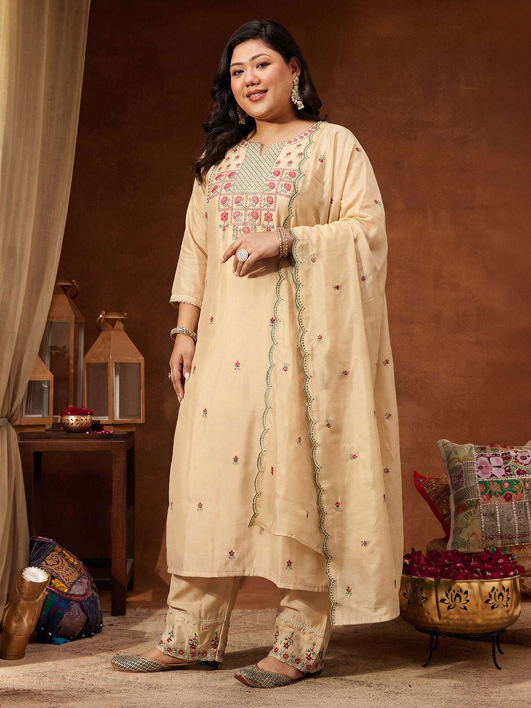 Janasya Women's Plus Size Beige Chanderi Silk Floral Embroidered Straight Kurta Set