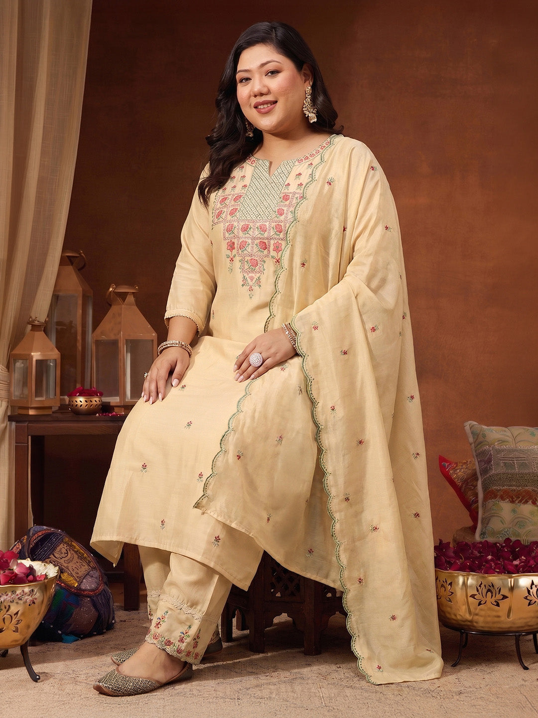 Janasya Women's Plus Size Beige Chanderi Silk Floral Embroidered Straight Kurta Set