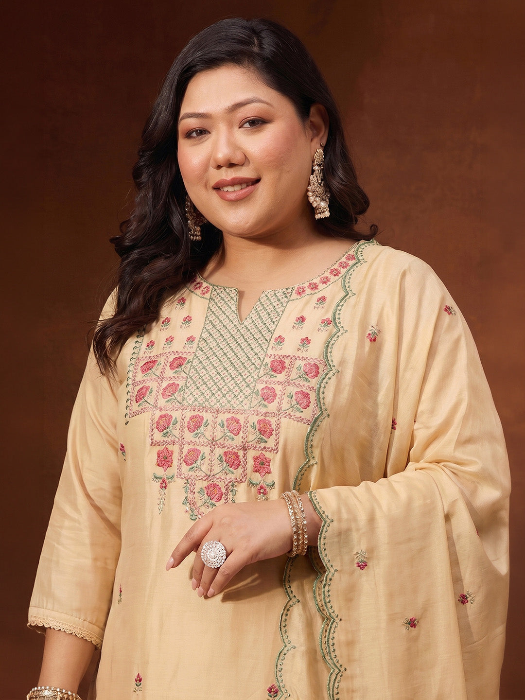 Janasya Women's Plus Size Beige Chanderi Silk Floral Embroidered Straight Kurta Set