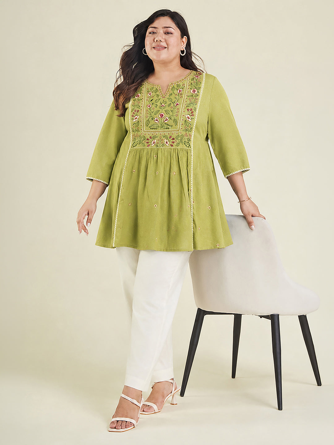 Janasya Women's Plus Size Lime Green Rayon Yoke Embroidered A-Line Tunic