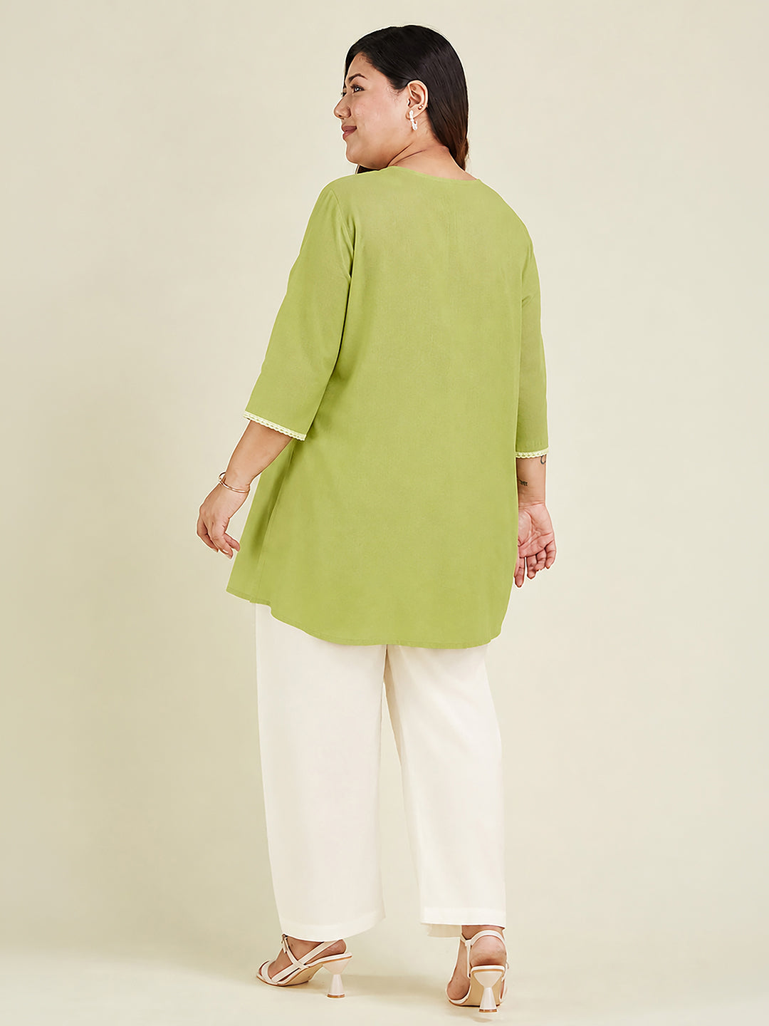 Janasya Women's Plus Size Lime Green Rayon Yoke Embroidered A-Line Tunic