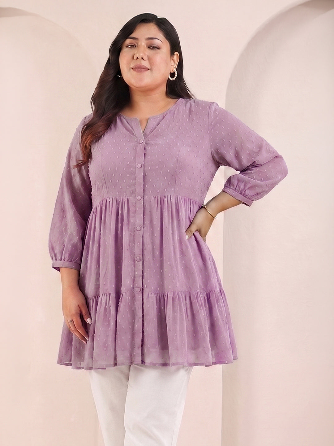 Janasya Women's Plus Size Lavender Dobby Chiffon Solid Tiered Tunic