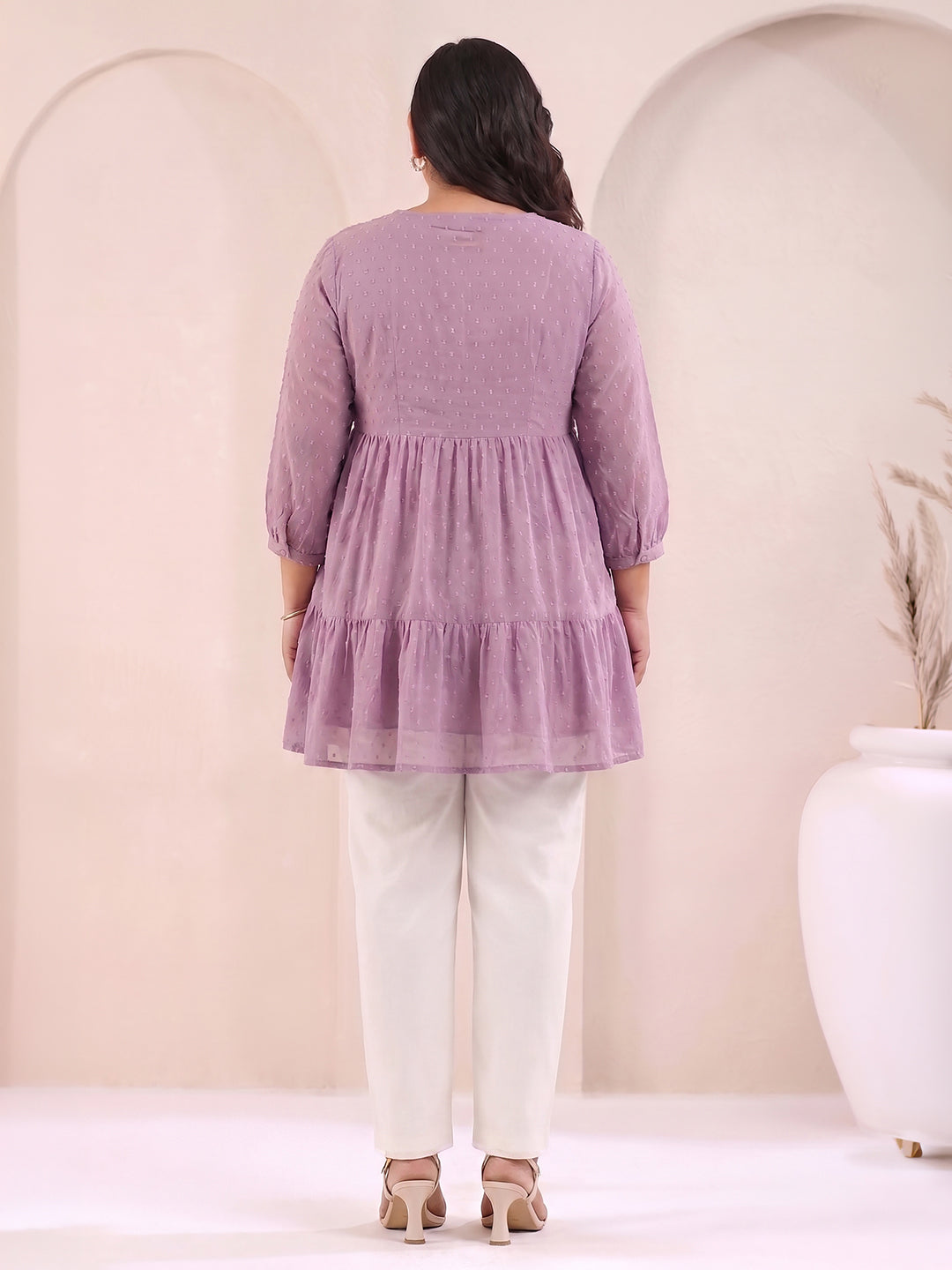 Janasya Women's Plus Size Lavender Dobby Chiffon Solid Tiered Tunic