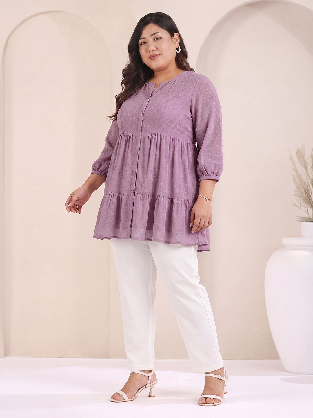 Janasya Women's Plus Size Lavender Dobby Chiffon Solid Tiered Tunic