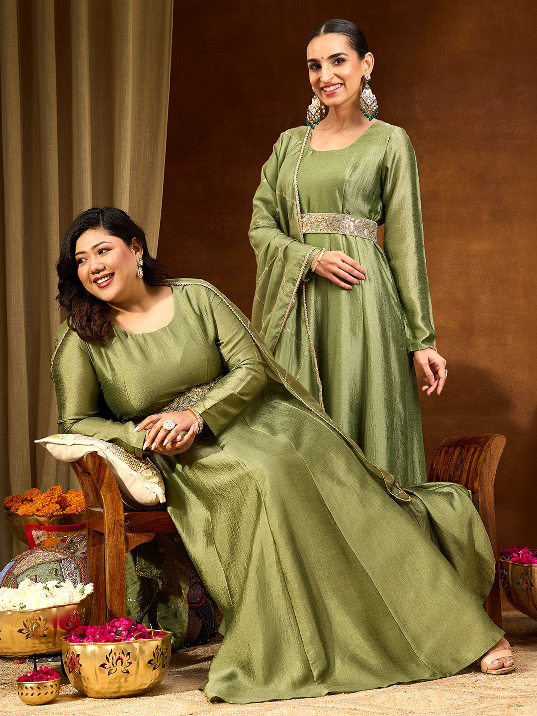 Janasya Women's Plus Size Sage Green Silk Blend Flared Gown With Embellished Belt